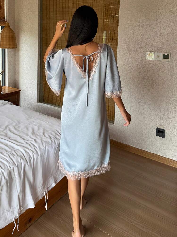 Women's Summer Lace Patchwork Satin Ruffle Sleeve Deep V-Neck Nightgown