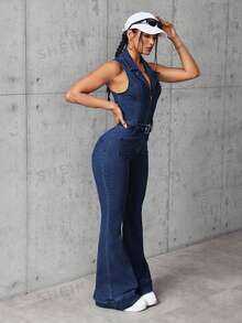 SHEIN EZwear Bộ áo liền quần không tay ôm sát, màu trơn, có khóa kéo, ống loe và quần yếm dành cho nữ. - Màu xanh lam - Xem 6