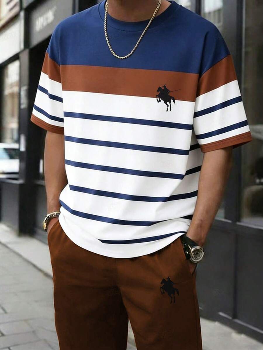 SHEIN 2pcs/Set Kaos Lengan Pendek Motif Garis Kasual Musim Panas untuk Remaja Laki-laki dan Celana Pendek Olahraga Lari Sederhana, Cocok untuk Berbagai Musim - MultiWarna - View 1