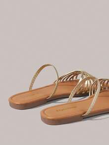 Styleloop Women Shoes Classic Simple Fashion Women's Square Toe Minimalist Strap Combination Flat Sandals Vacation Style Commuter Outdoor Summer Vacation Shoes Summer Shoes - Gold - View 5