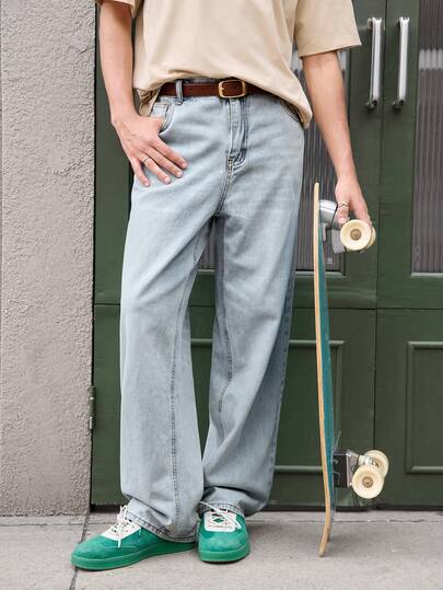 Open Phase 男士 Y2K 纯色水洗牛仔直筒休闲宽松阔腿裤，复古美式，男女皆宜，宽松版型夏季服装——适合日常穿着和夏季度假穿着。