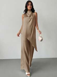 Firerie Bộ trang phục công sở thanh lịch dành cho nữ - Áo sơ mi satin trắng không tay cổ xếp ly dáng rộng vạt bất đối xứng và quần ống đứng thoải mái, bộ đồ duyên dáng, trang phục giáo viên. - Màu Khaki - Xem 4