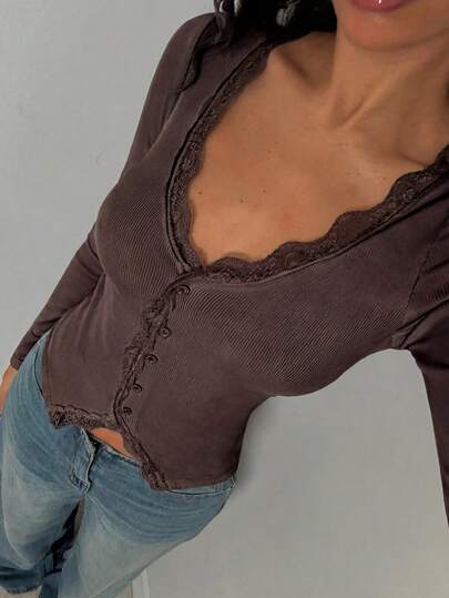 SHEIN Glamour Women's Minimalist Black Knit Deep V-Neck Long Sleeve Lace Patchwork Open Front Regular T-Shirt Sexy Tops For Ladies Women's Long Sleeves Tops Lace Trim Top Brown Ribbed Top Body Blouse Top To Go With Jeans