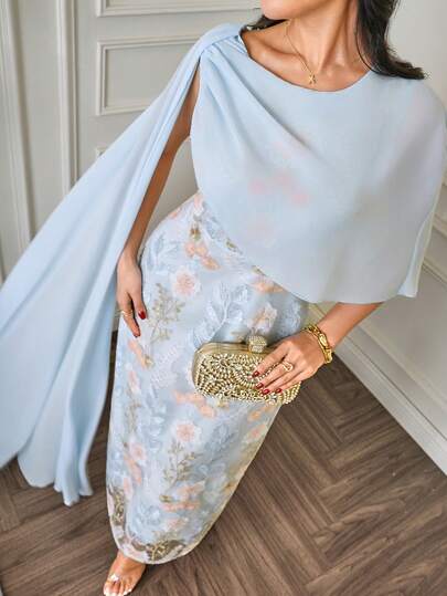 Islaluna Đầm nữ cổ tròn tay lửng thanh lịch với họa tiết hoa thêu.