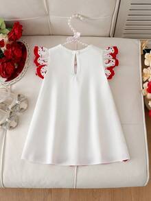 SHEIN Vintaside Kids White And Red Baby Girl Dress,Summer Cute Party Fashion Soft Fabric Round Neck Ruffle Sleeves Floral Embroidery Pastoral Style Lightweight - Red - View 3