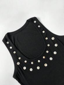 Elamini Bộ đồ hè mới, phong cách vintage tối giản, gồm áo hai dây và chân váy ngắn có cúc trang trí, thích hợp cho tiệc tùng, mặc hàng ngày, du lịch, lễ hội âm nhạc, trang phục đen cho nữ, trang phục nghỉ hè. - màu đen - Xem 6