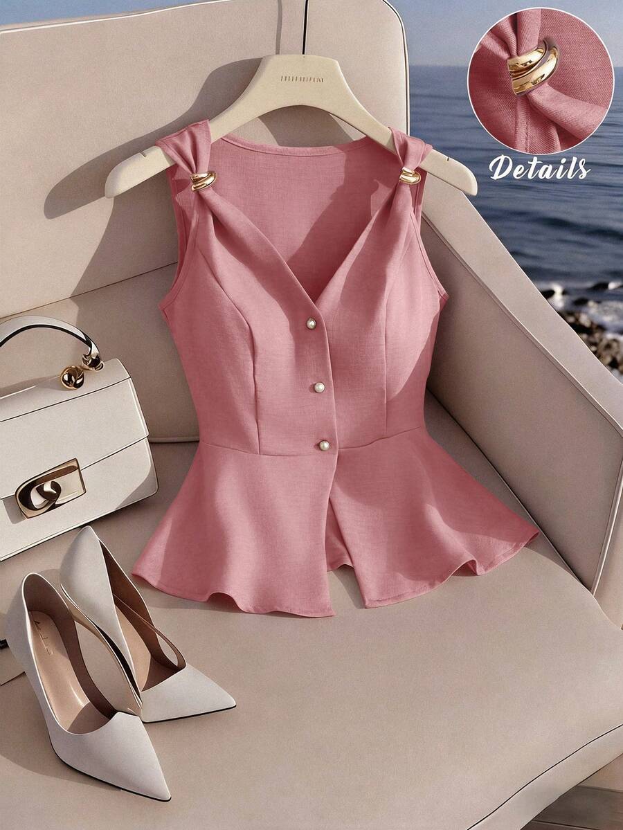 GlowEve Áo tank top không tay cổ chữ V tôn dáng, tối giản, thanh lịch với khóa kim loại, dành cho nữ, thích hợp cho mùa hè. - Hồng - Xem 1