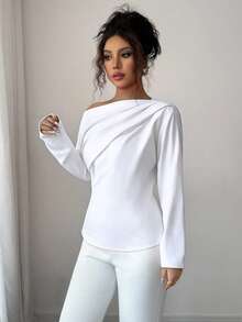 Elenzga Áo kiểu nữ tay dài xếp ly lệch vai mới mùa thu - trắng - Xem 5