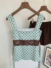 Comfortcana Women's Cute Polka Dot Brown Contrast Color Lace Sleeveless Top,Summer Fashion Green Polka Dot Blouse For Date,Beach,Holiday Casual Party Occasions - Green - View 7
