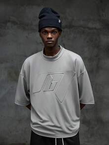 NEON BLANC Men's Solid Color 3D Embossed Drop Shoulder Short Sleeve T-Shirt, Summer - Grey - View 3