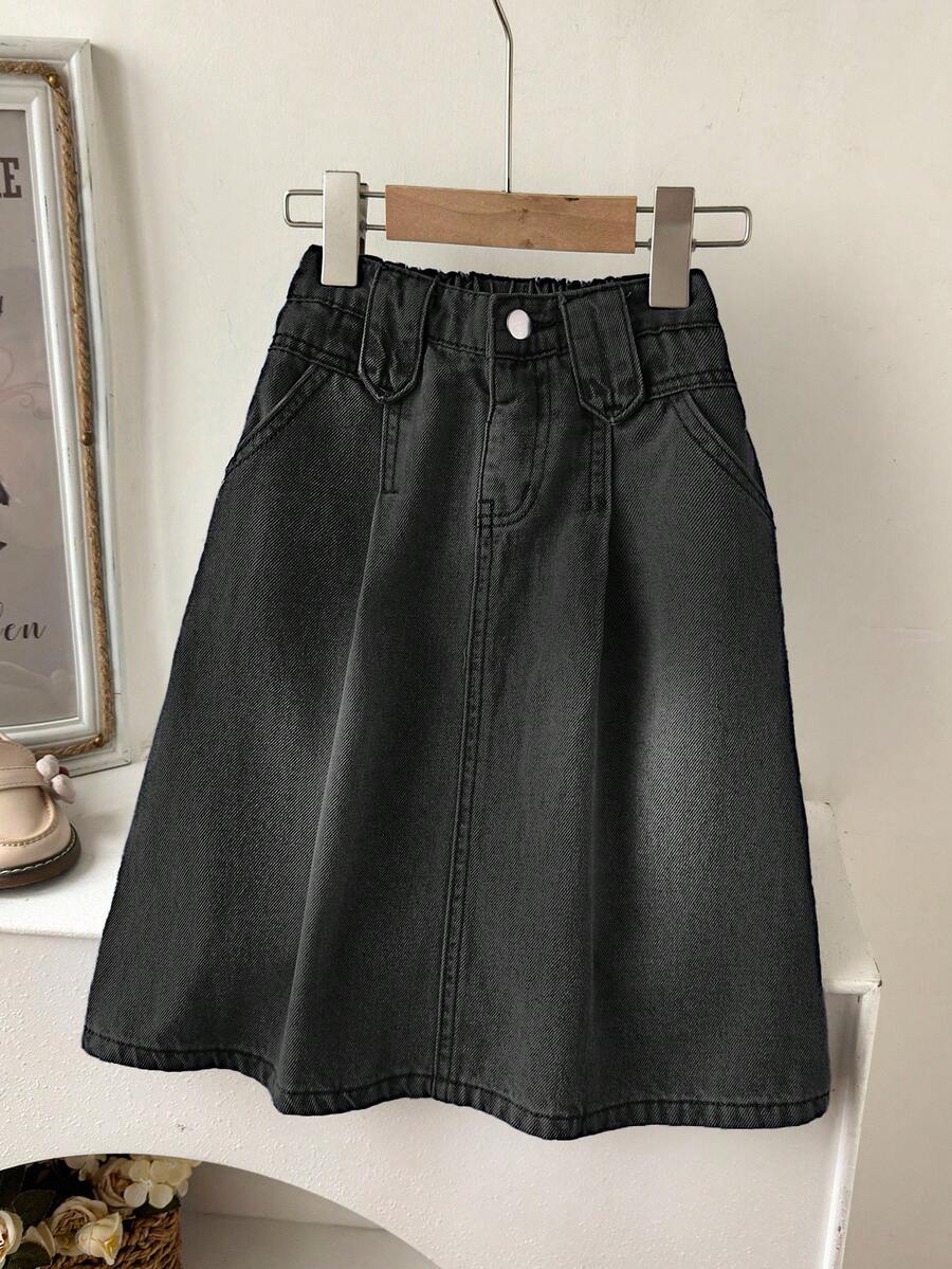 SHEIN 女孩夏季度假黑色水洗牛仔弹力腰休闲牛仔裙,儿童春秋季新款时尚复古宽松显瘦A字中长裙,面料柔软舒适,适合度假、休闲外出和户外穿着 - 黑色 - 查看 1