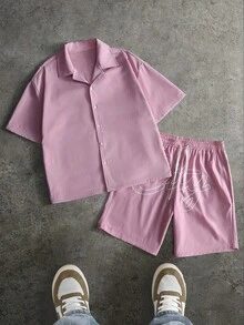 PAVTROS Bộ áo sơ mi và quần short nam dáng rộng, thời trang đường phố, thêu khẩu hiệu, thích hợp cho việc đi lại hàng ngày vào mùa hè. - Hồng - Xem 2
