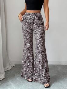 SHEIN Clasi Women's Leopard Print Milk Silk Flared Leggings,Double-Layered Summer Pants For Festival Night Out,Seksi Chic Beige Fitness Leggings For Travel - Multicolor - View 5