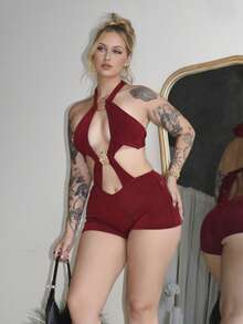 Arliah 新款休闲度假西部海滩婚礼宾客着装毕业早午餐女士服装圣帕特里克节春假复活节音乐节优雅波西米亚热带浪漫情人节圣诞节性感露背吊带酒红色金属镂空连体裤 - 酒紅色 - 查看 6