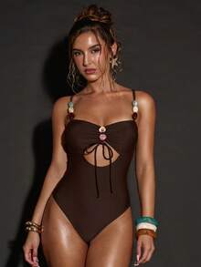 SHEIN BAE 1 bộ đồ bơi liền thân nữ, phối màu ngẫu nhiên, đính hạt cườm, màu trơn. - trắng - Xem 3