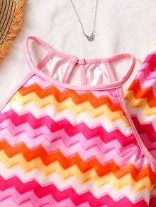Sparklyn 2pcs/Set Tween Girls Vacation Beach Colorful Striped Squishy Jacquard Contrast Color Halter Crop Top + Flare Pants Outfit, Summer Clothes - Multicolor - View 11