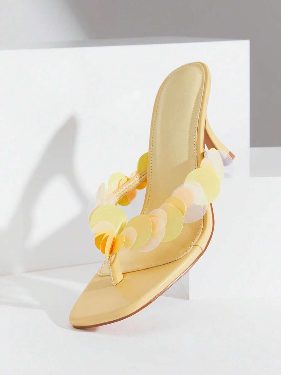 SHUZIA Sandal nữ quai ngang tối giản, trang trí họa tiết đồng xu kim loại, gót trung bình, thanh lịch, thích hợp dự tiệc tối. - Màu vàng - Xem 1