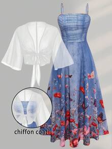 Elenzga Plus Size Women's Fashion Summer Floral Chiffon Dress & Jacket Elegant 2-Piece Set Fall - Multicolor - View 5
