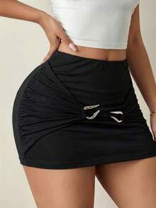SHEIN SXY Chân váy nữ màu trơn, dáng ôm, thiết kế tối giản, có đính vòng trang trí, thích hợp cho mùa hè, váy nữ, váy xếp ly, quần váy nữ, váy nhún, váy ngắn cho nữ, màu đen, mùa hè. - màu đen - Xem 4