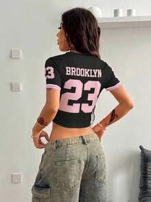 SHEIN Coolane Women's Summer Streetwear Going Out Y2K Sparkly Rhinestone Slim Fit T-Shirt - Black - View 2