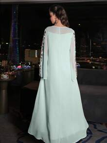 Layrah Elegant & Luxurious Heavily Embellished Pink Chiffon Flare Sleeve Dress, Spring/Summer - Mint Green - View 3
