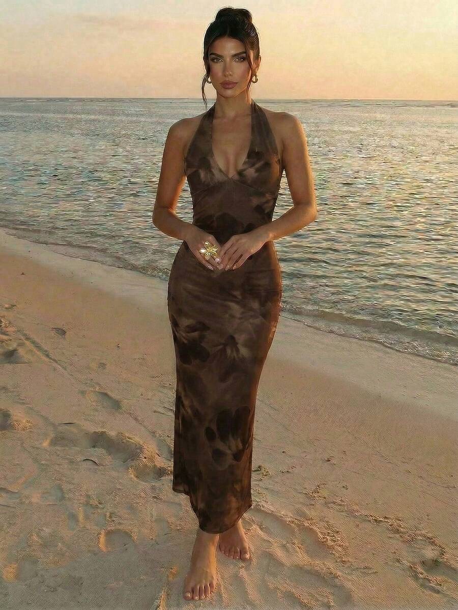 Firerie 新款优雅浪漫棕色V领扎染印花修身连衣裙，棕色连衣裙，夏季连衣裙，沙滩度假装 - 棕色 - 查看 1