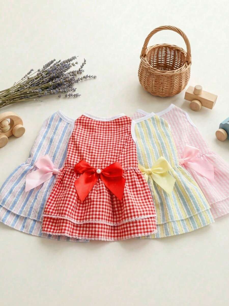 PETSIN 1件装柔软透气涤纶弹力亲肤格子蝴蝶结装饰宠物狗裙猫咪正式礼服狗婚礼礼服宠物服装用品春夏婚礼派对日常穿着户外室内宠物摄影特殊场合宠物服装宠物套装宠物盛装狗猫时尚服饰 - 彩色 - 查看 1