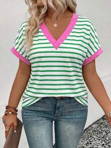 EMERY ROSE Women's Spring/Summer New Arrival Striped & Printed Color Block Design Casual Versatile Plus Size T-Shirt - Multicolor - View 6