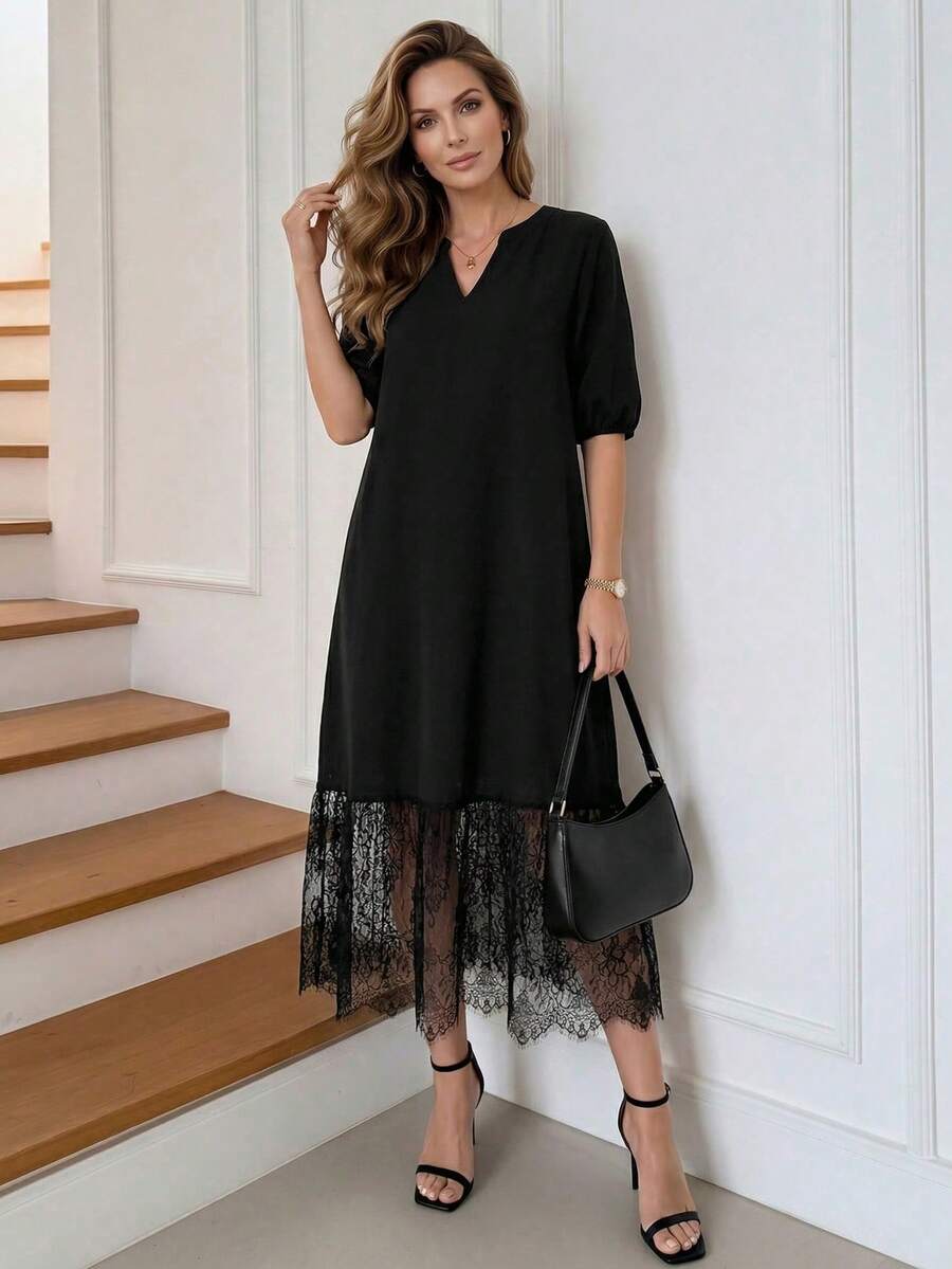 女士日常穿着假日春夏V领蕾丝下摆休闲连衣裙，女士夏季休闲连衣裙，优雅休闲连衣裙，女士黑色蕾丝连衣裙，夏季连衣裙，女士优雅连衣裙，黑色连衣裙 - 黑色 - 查看 1