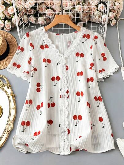 Linhara Áo kiểu mùa hè dáng rộng, in họa tiết quả anh đào và thêu ren, thích hợp mặc thường ngày hoặc dự tiệc.