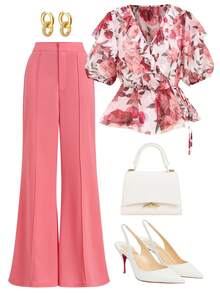 Gownix Elegant Light Pink Floral Summer Ruffle Trim Shirt And Wide Leg Pants Set,Women's Casual Outfit For Tea Party,Mother's Day And High Tea - Hot Pink - View 1