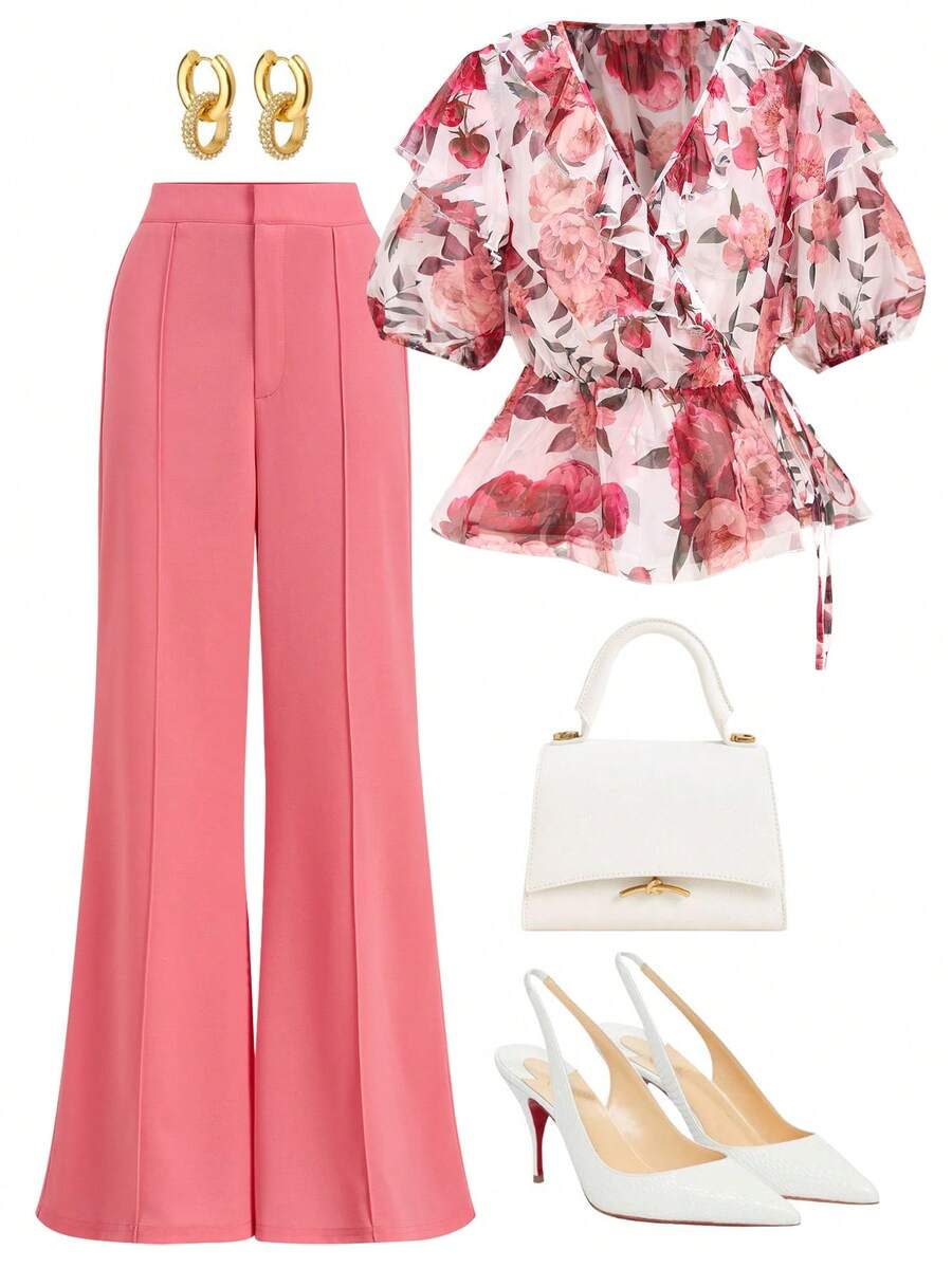 Gownix Elegant Light Pink Floral Summer Ruffle Trim Shirt And Wide Leg Pants Set,Women's Casual Outfit For Tea Party,Mother's Day And High Tea - Hot Pink - View 1