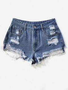 Rivivi Women's Blue Distressed Fashion Denim Shorts - Medium Wash - View 7