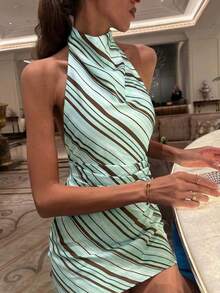 Aloruh 女士时尚优雅简约无袖迷你连衣裙，复古条纹印花，适合日常通勤、下午茶、外出、派对、度假、机场时尚、春夏休闲街头风，撞色条纹连衣裙 - 藍色 - 查看 5