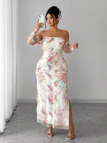Elenzga Đầm maxi dài tay dáng ôm, thanh lịch, gợi cảm, chất liệu lưới dệt kim in họa tiết, mỏng nhẹ, có lớp lót, không xuyên thấu, viền bèo nhún, thích hợp cho các buổi hẹn hò/dịp lãng mạn, kỷ niệm/cầu hôn, tiệc tùng/sự kiện xã hội, bữa tối trang trọng, kỳ nghỉ, chụp ảnh thời trang dành cho nữ cỡ lớn, mùa xuân/hè. - Nhiều màu - Xem 3