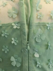 少女圆领贴花荷叶边网纱拼接派对宴会礼服 - 綠色 - 查看 7