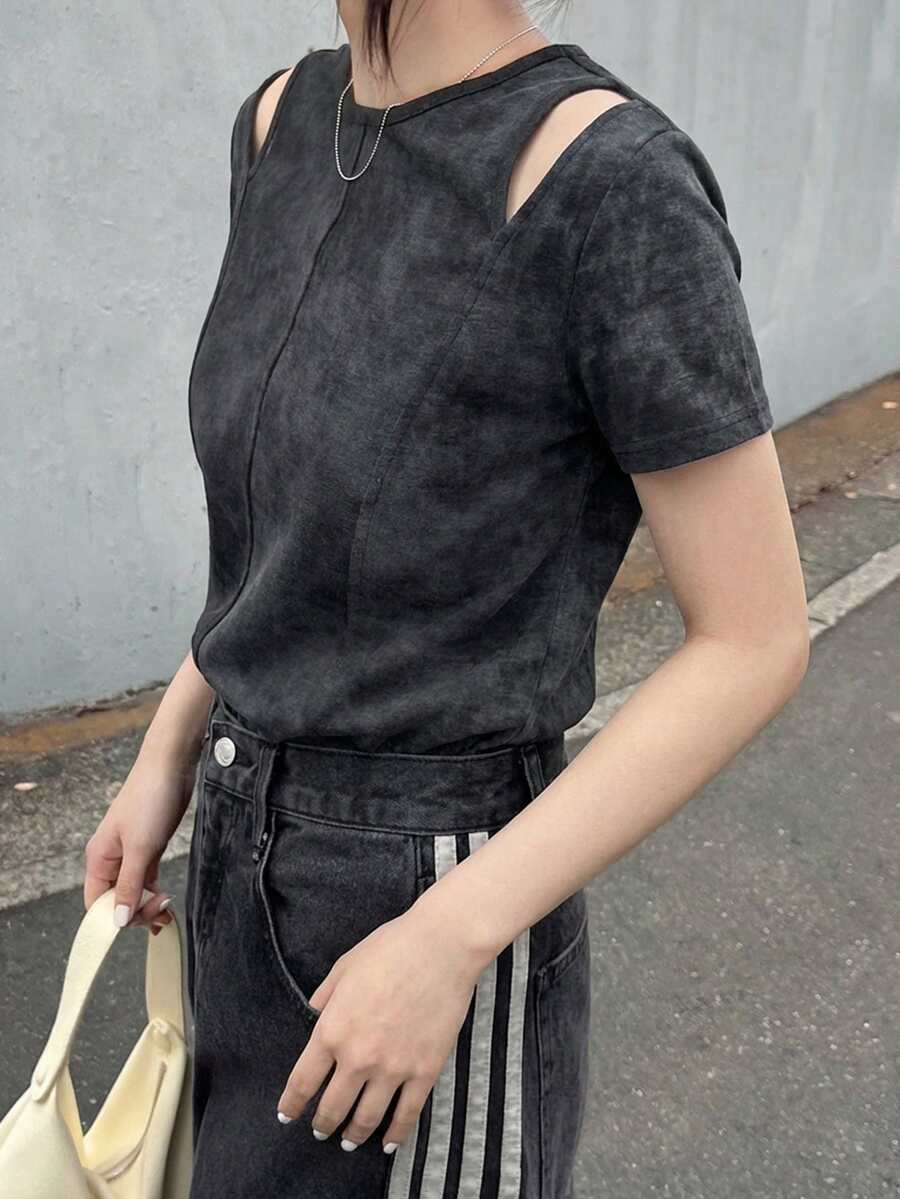 FRIFUL Women's Casual Hollow-Cut Round Neck Short Sleeve T-Shirt, Summer - Dark Grey - View 1