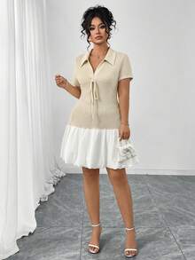 SHEIN Elenzya 大码女式梭织针织休闲舒适通勤系领蝴蝶结短袖碎花中长连衣裙，卡其色和白色撞色设计 - 卡其色 - 查看 8