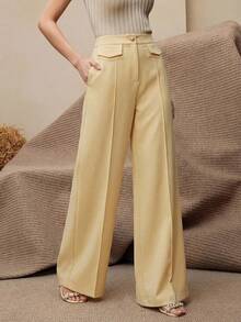 Anewsta Pantalones de traje versátiles para mujer, de pierna ancha, de estilo casual moderno, de color amarillo claro con bolsillo parche, apropiados para la oficina y el uso diario - Amarillo claro - Ver 6
