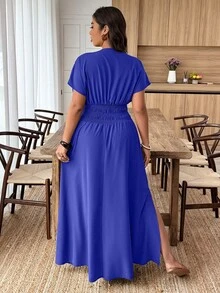 Weeklong Plus Size Solid Color Short Sleeve Cinched Waist Shirred Split Hem Summer Dress - Royal Blue - View 2