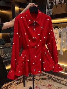 Franclia 女士时尚印花腰部衬衫 - 紅色 - 查看 4