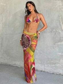 Aloruh Bộ bikini hai mảnh gợi cảm buộc dây cổ họa tiết hoa mùa hè dành cho nữ, kèm váy, thích hợp cho kỳ nghỉ biển, bộ đồ đi biển 3 mảnh cho nữ, bikini kèm áo khoác ngoài, trang phục Hawaii cho nữ. - Nhiều màu - Xem 2