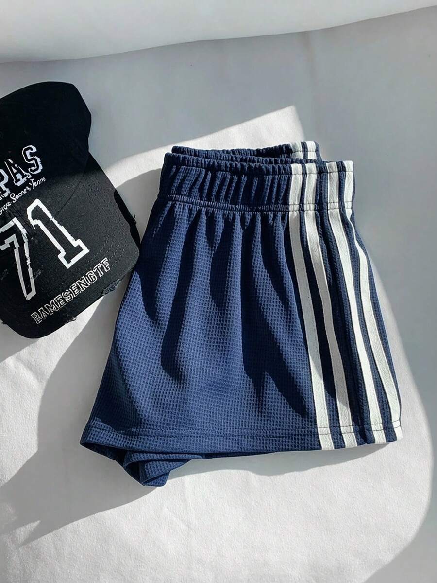 Comfortcana Women's Summer Casual Sports Everyday Commute Waffle Fabric Contrast Striped Side Loose Shorts - Blue - View 1