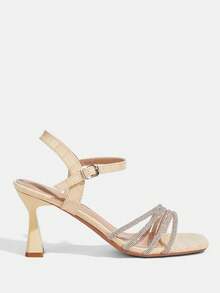 CUCCOO TILAWA Sandal Hak Tinggi Elegan Wanita dengan Ujung Persegi dan Hiasan Berlian Imitasi, Bahan PU Motif Batu Aprikot Gelap, Sepatu Musim Semi, Liburan Musim Semi, Paskah, Sepatu Makan Malam, Natal, Sepatu Hak Tinggi Musim Panas untuk Hari Valentine - Aprikot gelap - View 2