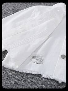SHEIN 青少年女孩牛仔夾克外套，秋冬新款復古白色水洗做舊修身短版牛仔夾克與外套，舒適柔軟面料，街頭時尚百搭，女孩牛仔夾克 - 白色 - 查看 7