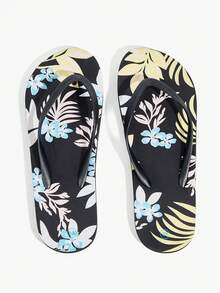Grefit Ladies Flip-Flops, Tropical Flower Print Flip-Flops, Black Bottom Summer Seaside Vacation Pinch Slips, Daily Wear Casual Sandals Beach Outfit - Black - View 5