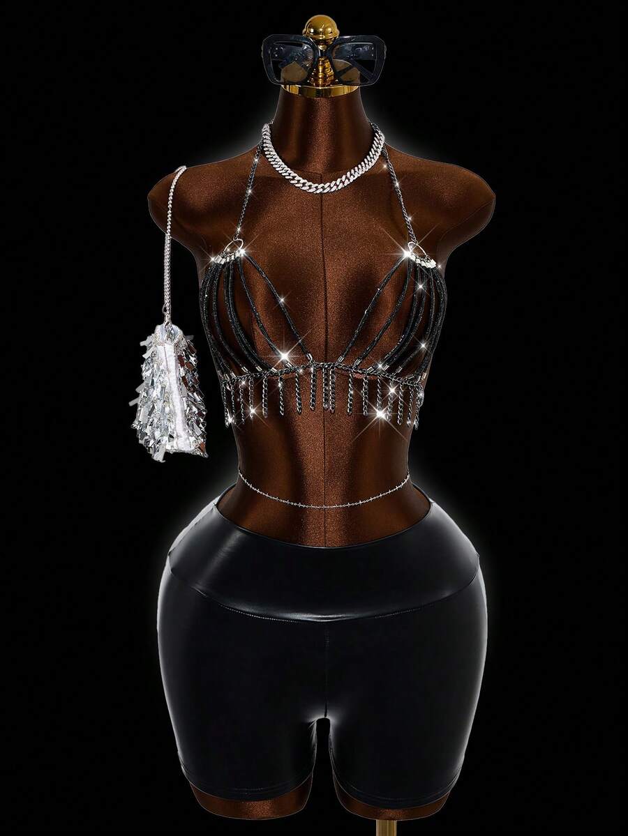 BamGleam Camiseta sin mangas con cadena de strass calada para mujer, camiseta de primavera/verano, para graduación, fiesta, playa, estilo Y2K, con lentejuelas y strass brillantes, adecuada para fiestas, carnavales, clubes, con diseños holográficos e iridiscentes, de malla neón, para bares y discotecas, conjunto de lentejuelas y strass, traje de baño negro con cadena para el Body, corsé para mujer, traje de espectáculo - Negro - Ver 1