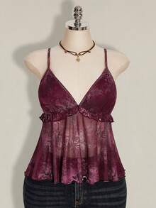 SHEIN ICON Plus Size Women Plant Print Ruffle Hem Camisole Tank Top For Holiday,Rave Top - Purple - View 3