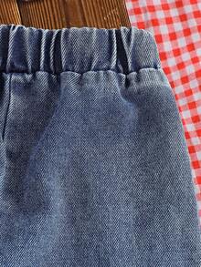 SHEIN 2026春夏女童柔软舒适面料时尚套装，SS26度假旅行必备，女童夏季两件套：短袖蝴蝶结上衣+牛仔裤，刺绣装饰甜美迷人，简约廓形舒适，适合外出、聚会、休闲等场合。 - 紫色 - 查看 8