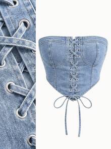SHEIN MOD 女士牛仔抹胸上衣，休闲弹力系带卡其色，牛仔上衣，Y2K牛仔上衣，女士束身衣上衣，可爱上衣，抹胸上衣，外出上衣，情人节露脐上衣，女士夏季上衣，夏季上衣，Y2K服装，情人节服装 - 淺色水洗藍 - 查看 1